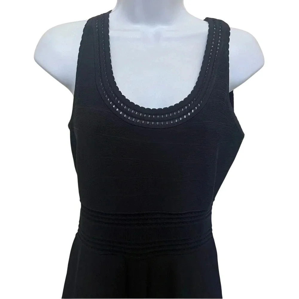 Diane von Furstenberg DVF Black Ribbed Knit Pointelle Fit and Flare Dress Small‎
